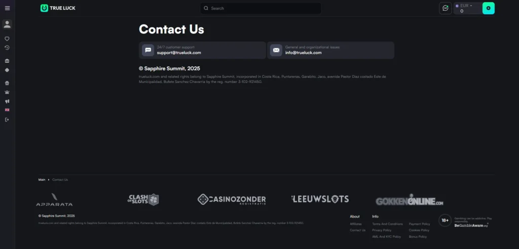 TrueLuck contacts page